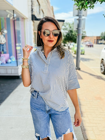 Blue Striped Collared Top