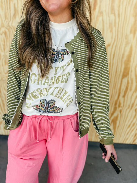 Olive & Cream Scalloped Striped Knit Cardigan