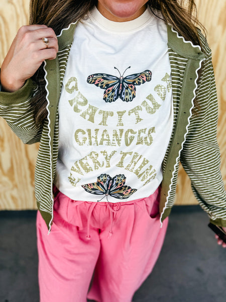 Olive & Cream Scalloped Striped Knit Cardigan
