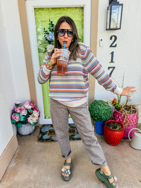 Aurora Vibrant Rainbow Stripe Crewneck Sweater