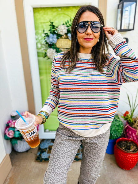 Aurora Vibrant Rainbow Stripe Crewneck Sweater