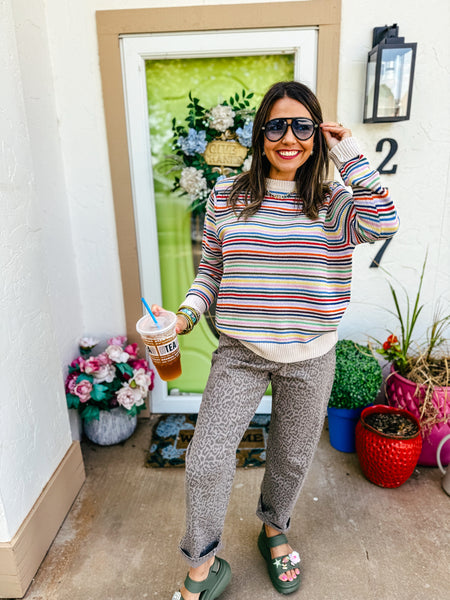 Aurora Vibrant Rainbow Stripe Crewneck Sweater
