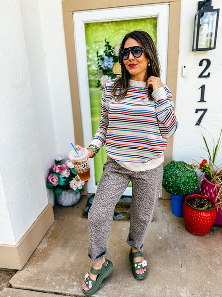 Aurora Vibrant Rainbow Stripe Crewneck Sweater