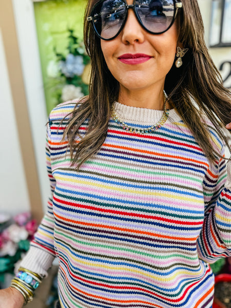 Aurora Vibrant Rainbow Stripe Crewneck Sweater