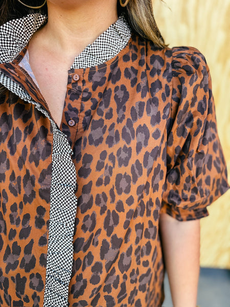 Mackenzie Leopard Print Puff Sleeve Ruffle Blouse