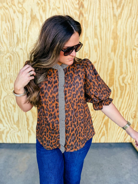 Mackenzie Leopard Print Puff Sleeve Ruffle Blouse