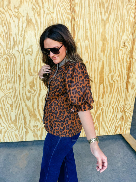 Mackenzie Leopard Print Puff Sleeve Ruffle Blouse