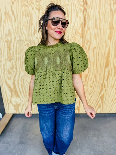 Juniper Olive Eyelet Crochet Puff Sleeve Blouse