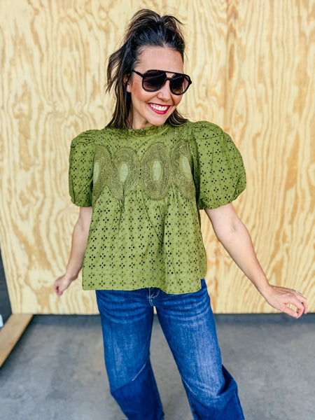 Juniper Olive Eyelet Crochet Puff Sleeve Blouse
