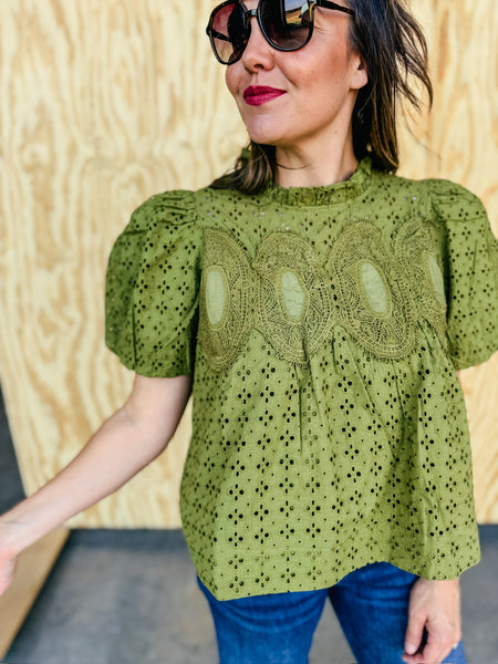 Juniper Olive Eyelet Crochet Puff Sleeve Blouse