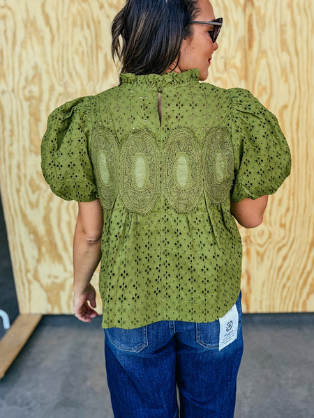 Juniper Olive Eyelet Crochet Puff Sleeve Blouse