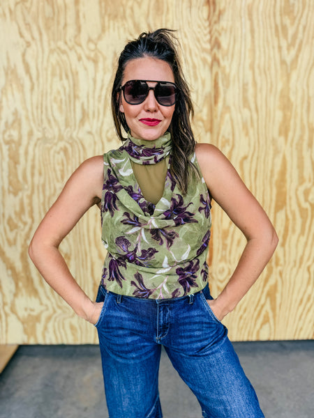 Iris Garden Olive Floral Bow-Back Blouse