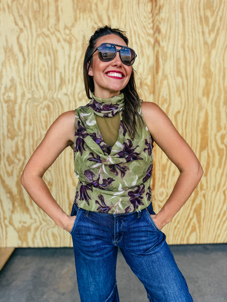 Iris Garden Olive Floral Bow-Back Blouse