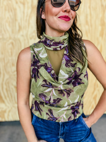 Iris Garden Olive Floral Bow-Back Blouse