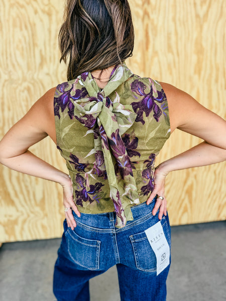 Iris Garden Olive Floral Bow-Back Blouse