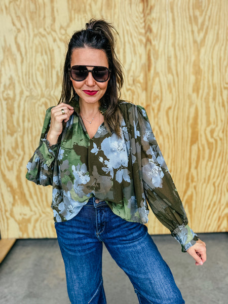 Aurora Floral Ruffle Neck Puff Sleeve Blouse