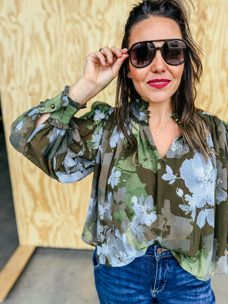 Aurora Floral Ruffle Neck Puff Sleeve Blouse
