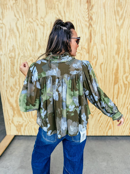 Aurora Floral Ruffle Neck Puff Sleeve Blouse