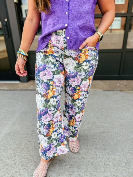 Romantic Bloom Multi-Color Floral Stretch Denim Micro Barrel Pants