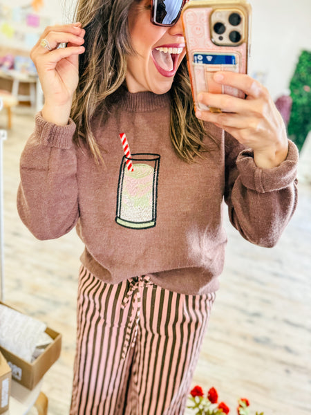 The "Matcha Glow" Embroidered Brown Knit Sweater