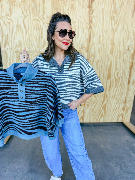 Modern Zebra Knit Top - Lightweight 3/4 Sleeve Stand Neck Sweater