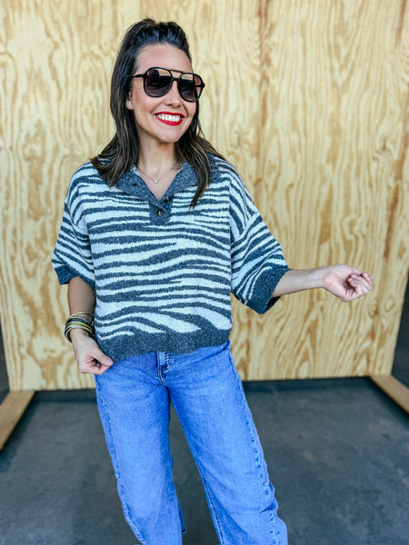 Modern Zebra Knit Top - Lightweight 3/4 Sleeve Stand Neck Sweater