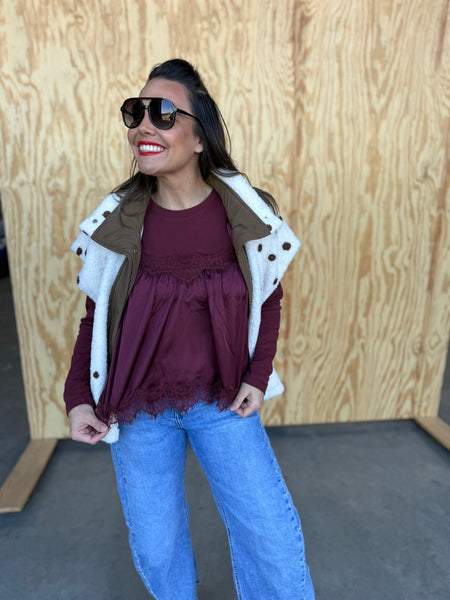 The "IT Girl" Layered Lace Blouse Small Wine