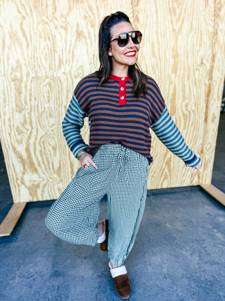 Gingham Forest Easy-Wear Barrel Leg Pants