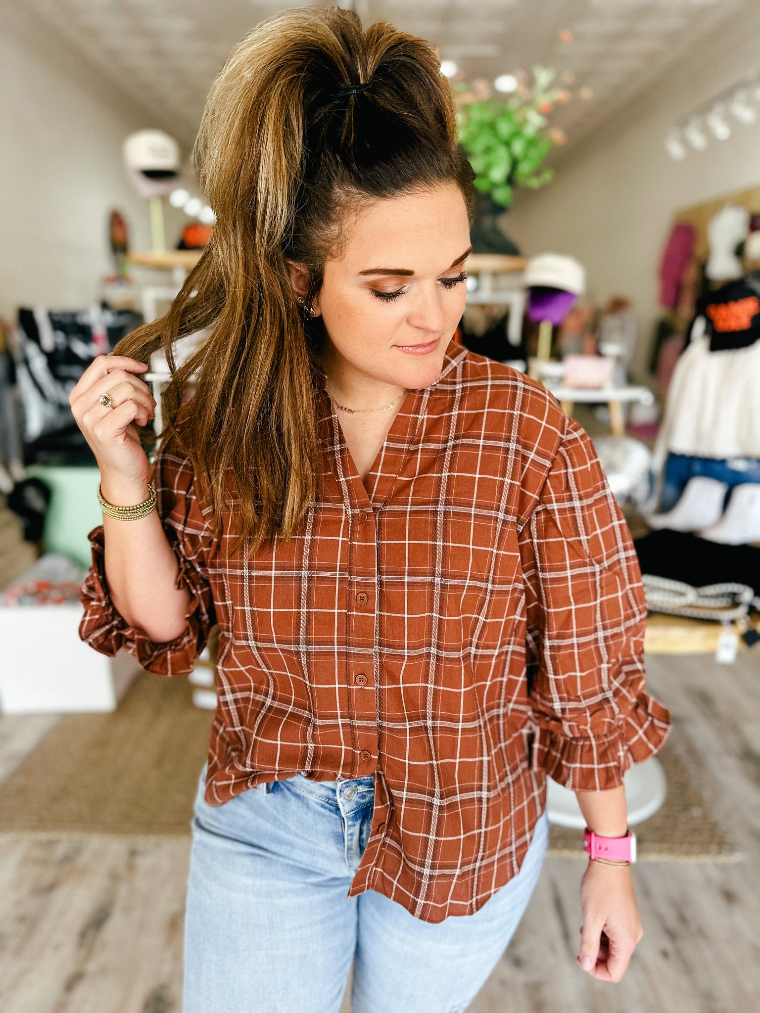 Plaid Bubble Sleeve Top    