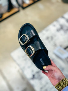 Gen Black Birk Sandal with Gold Buckle    