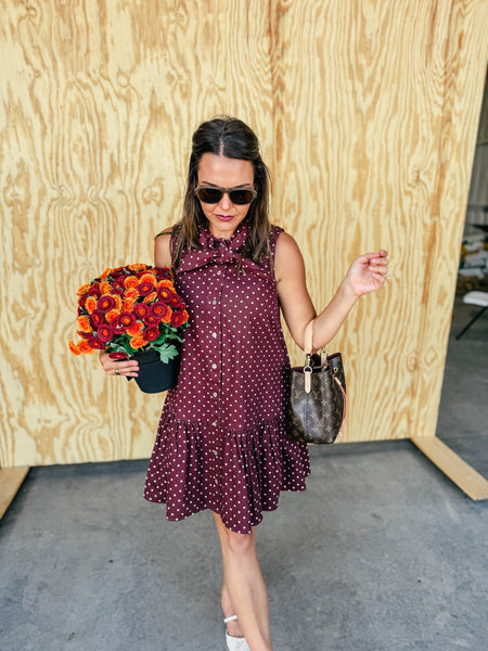 Ruby Polka Dot Sleeveless Tie-Neck Mini Dress with Pockets