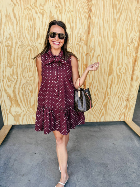Ruby Polka Dot Sleeveless Tie-Neck Mini Dress with Pockets