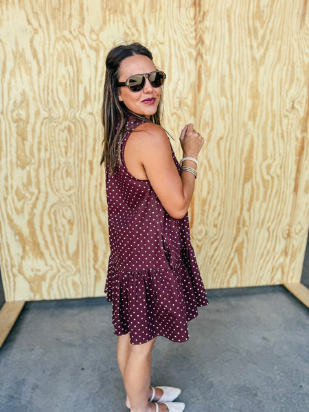 Ruby Polka Dot Sleeveless Tie-Neck Mini Dress with Pockets