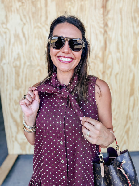 Ruby Polka Dot Sleeveless Tie-Neck Mini Dress with Pockets