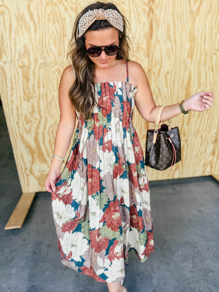 Elena Teal Floral Pleated Midi Dress with Pockets