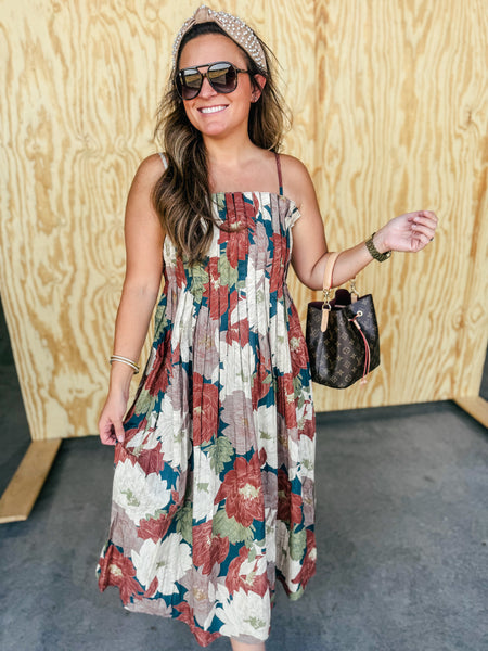 Elena Teal Floral Pleated Midi Dress with Pockets