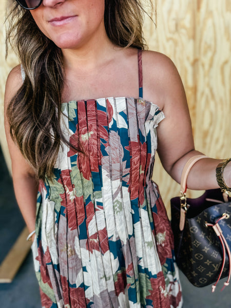 Elena Teal Floral Pleated Midi Dress with Pockets