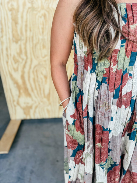 Elena Teal Floral Pleated Midi Dress with Pockets