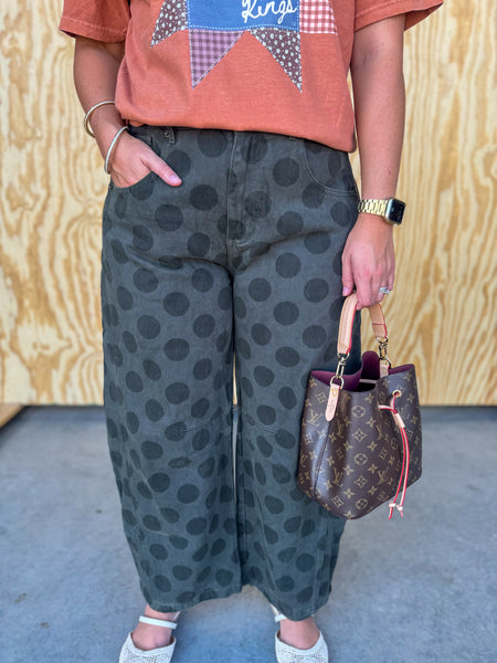Olive Barrel Denim with Polka Dots