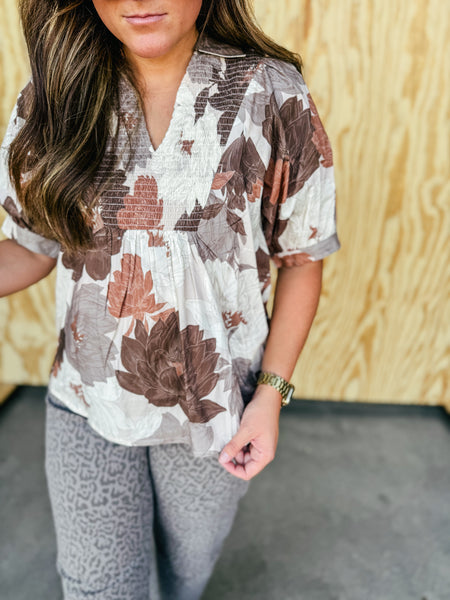 Isla Mocha Floral Smocked Balloon Sleeve Blouse