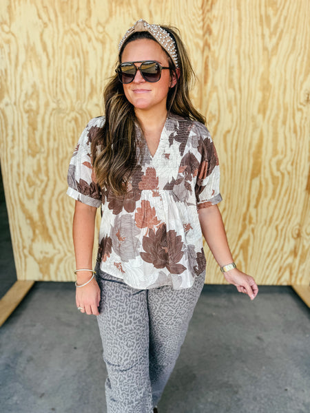 Isla Mocha Floral Smocked Balloon Sleeve Blouse