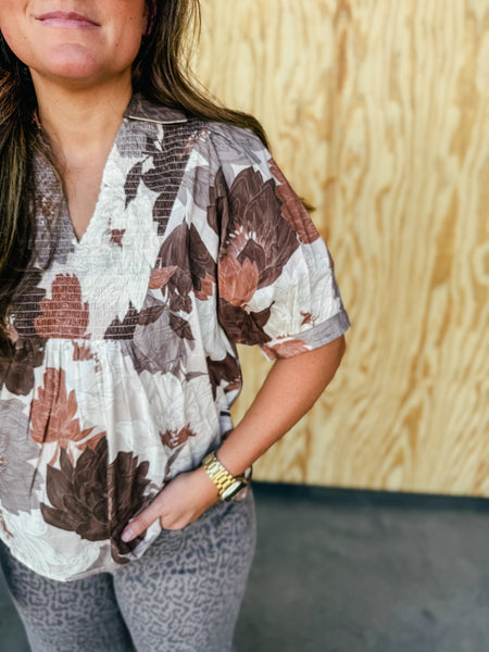 Isla Mocha Floral Smocked Balloon Sleeve Blouse
