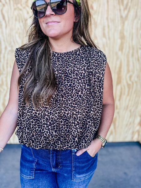 Wild Card Leopard Draped Sleeveless Knit Top