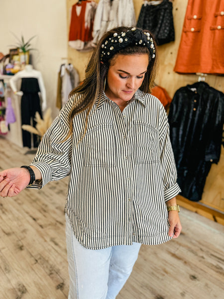 Black and cream stripe button up