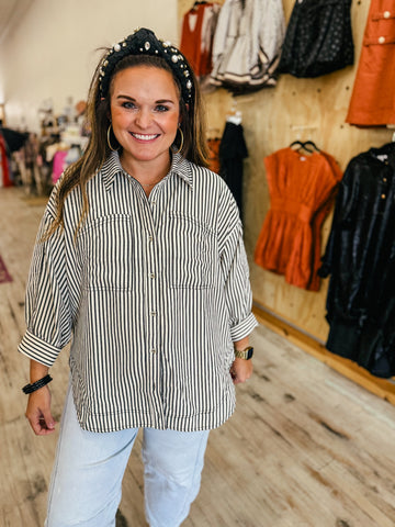 Black and cream stripe button up