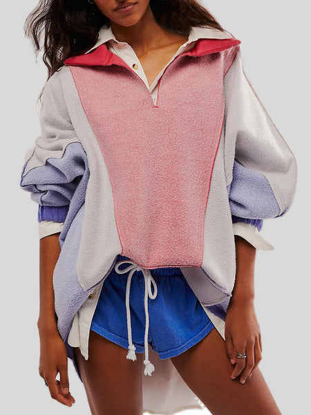 High-Low Exposed Seam Contrast Long Sleeve Sweatshirt Pink/White/Blue S