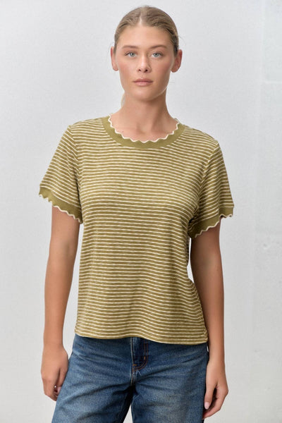 Polagram by Wellmade USA - STRIPED KNIT SCALLOP TRIM TOP