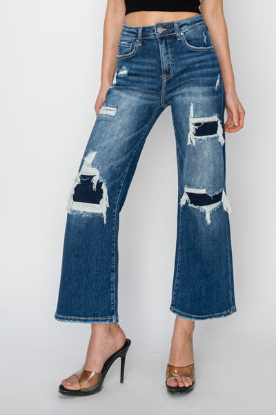 Risen Full Size High Rise Patch Detailed Wide Leg Crop Jeans    