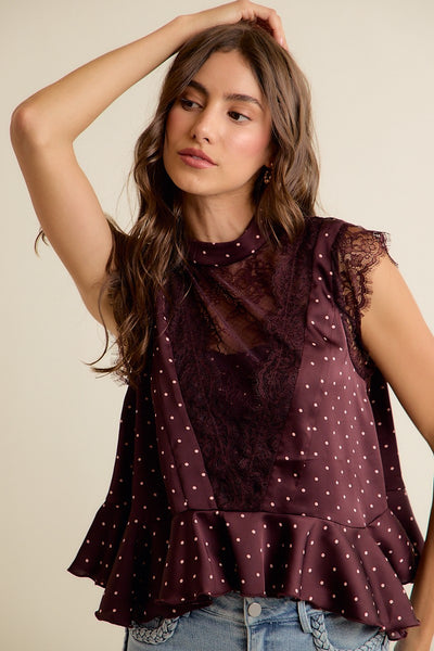 Strawberry Wine Polka Dot Satin Lace Ruffled Blouse