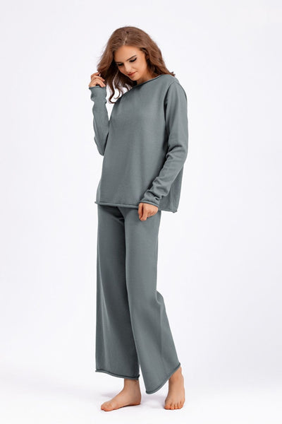 Basic Bae Rolled Round Neck Top and Pants Sweater Set    